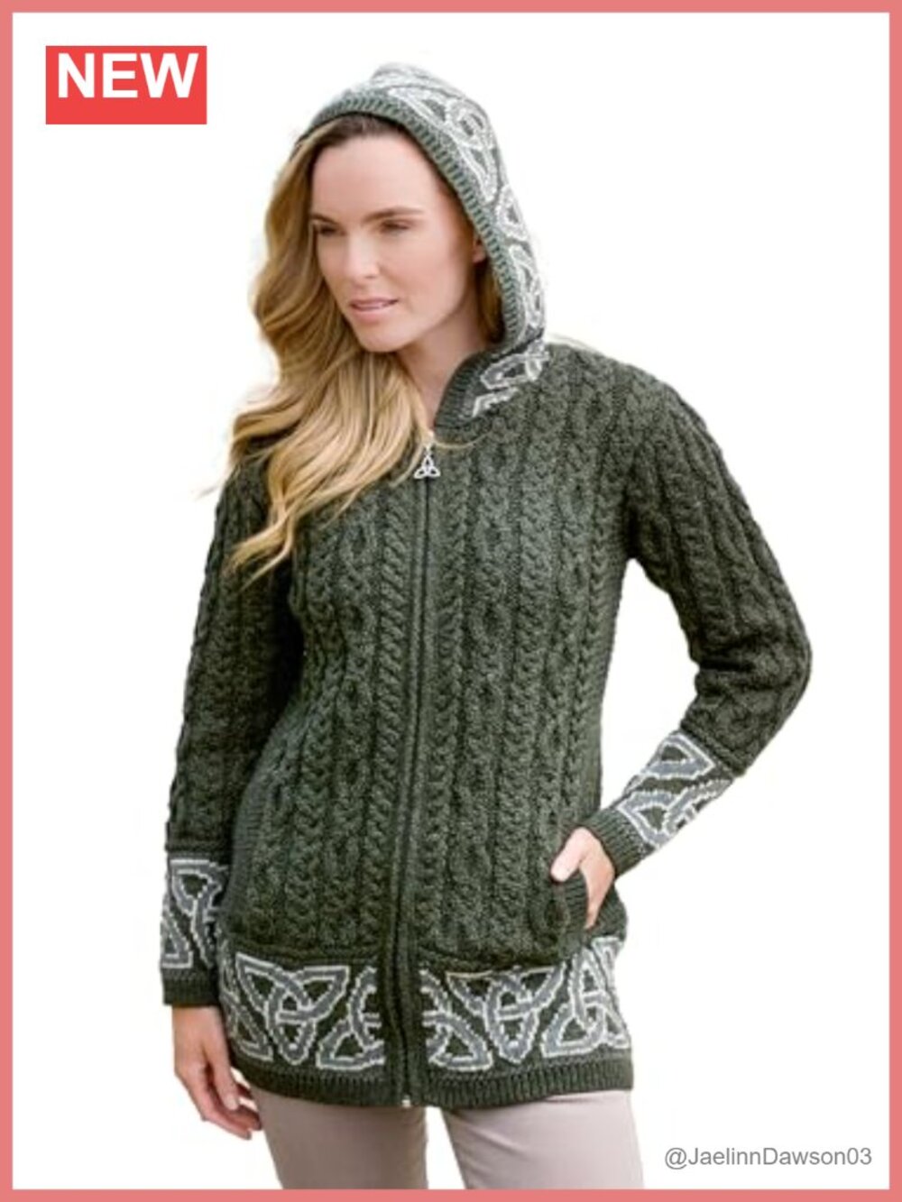 100% Merino Wool Hooded Celtic Zip Coat Warm Winter Sweater